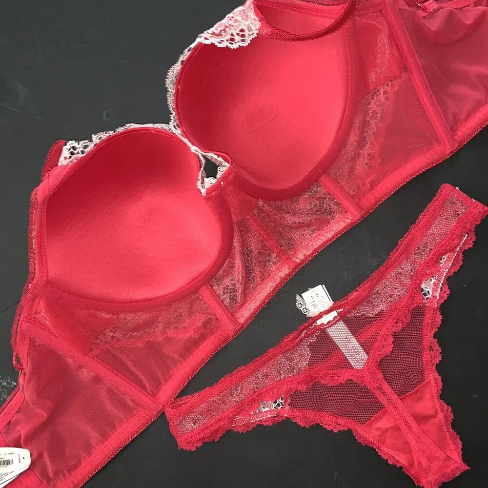 Victoria's Secret 34DD CORSET TOP BRA+S thong Cherry RED PINK White lace crystal